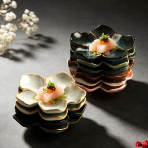 BAGUO(霸果) Multi-color Ceramic Dipping Plate Handmade Flower Shaped Seasoning Sauce Dish Creative Vintage Dipping Sauce Dish Home Use
