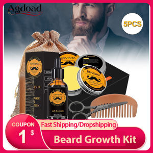 Agdoad 5Pcs Men Beard Grooming Kit Mustache Beard Oil Styling Tools With Beard Balm Brush Comb Beard Care Set Men Gift