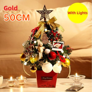 50CM Christmas Tree Desktop Xmas Decoration with Light Gold Red Small Christmas Green Tree Set for Office Xmas Decor