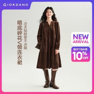 GIORDANO Women Dresses Notch Neck Floral Corduroy Dresses A-Line Fashionable Casual Tiered Midi Dresses 18466323