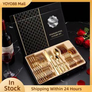 【Ready!】24 Piece Cutlery Set Gold Gift Box With Stainless Knife Spoon and Fork cutlery organizer stainless cutlery set Flatware Gift Boxed High-Grade Mirror Polishing Dinnerware Golden