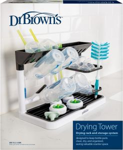 Dr. Browns Baby Bottle Drying Tower Stand-Up Countertop Drying Rack with Organized Storage for Baby Essentials Space Saving Vertical Rack Black/White