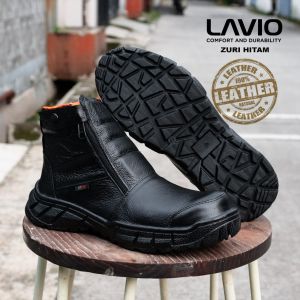 Sepatu Safety Boots Pria Kulit Sapi Lavio Zuri Ujung Besi Sole Karet Anti Licin Terbaru Best Quality