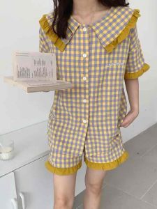 Bộ Mặc Nhà Kẻ Caro Cổ Vạt Bèo Siêu Dễ Thương