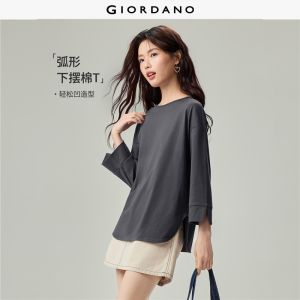 Giordano Women 100% cotton slit cuffs 3/4 sleeve tee Free Shipping 05326789