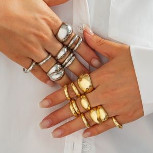 CANICECA Gold Color Irregular Open Ring Set Metal Water Drop Design Finger Open Rings Adjustable Geometric Rings Jewelry
