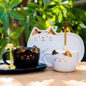 ชุดแก้วใส่เครื่องดื่ม ชุดแล้วชากาแฟรูปแมวน่ารัก สินค้าพร้อมส่ง ส่งไว 2-3วัน