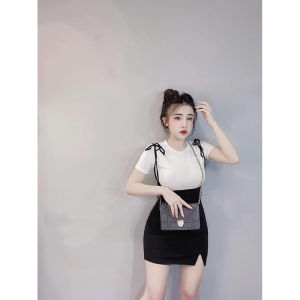 Áo Thun Cổ Tròn Phối Váy Yếm 2 Dây Xẻ Tà Cực Đẹp SET09
