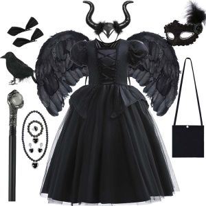 Girl Maleficent Cosplay Dress With Wings Kids Halloween Carnival Evil Witch Dress Up Costume 2-10 Yrs Sequin Ruffles Outfits