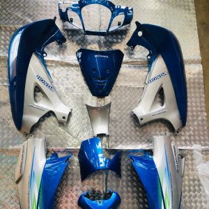 เปลือกมอเตอร์ไซร์รุ่นเวฟ125Sหัวเถิก เบ้ากุญแจกลมสีน้ำเงินตัดกลางบอร์น มี13ชิ้นเปลือกงานABS ประกอบสนิท งานสีสวยมาก สีน้ำเงินตัดกลางเทา