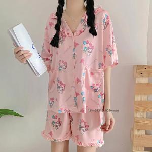 Anime Melody Kuromi Womens Pajamas Suit Sanrios Cartoon Summer Homeclothes Casual Short Sleeves Shorts Student Kawaii Nightwear