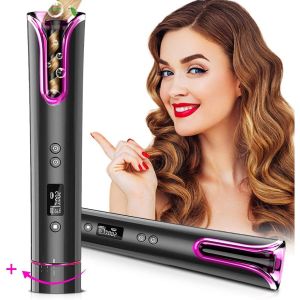 Cordless Automatic Hair Curler Wireless Hair Curling Iron with LCD Temperature Display Temperature Adjustable Fast Hair Curler Styling Smart Auto Curler Stick with Temperature Control USB Rechargeable 360 Rotating Ceramic Styler for All Hair Types