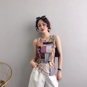 REHIN เสื้อยืดผ้าฝ้ายแขนกุดของผู้หญิงเสื้อเบลาส์ผ้าบางทรงสลิมฟิตพิมพ์ลายไม่ซ้ําใครฤดูร้อนปี S-3XL