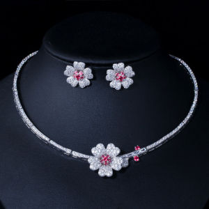SEQUITO Vivid Platinum Color Paved Setting White Red AAAAA Cubic Zircon Flower Party Necklace and Stud Earrings Sets Top Quality Women Pageant Prom Jewellery Set SJ333