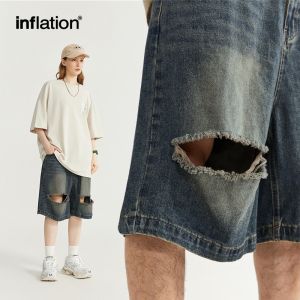 INFLATION Brand Mens Youth Scratched and Perforated Denim Shorts 2024 Spring/Summer New Fashion Brand Street Loose and Worn Personalized Shorts