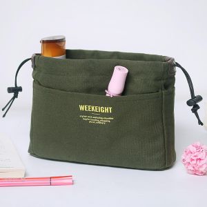 LIKANTA Canvas Sundry Storage Bag Multifunctional Multi-Pocket Drawstring Cosmetic Bag Lightweight Portable Makeup Tote Pouch Girls