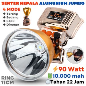 Senter Kepala Jumbo Premium 90W | 10.000mAh | 4 Mode Cahaya Putih | Tahan 22 Jam | Ring 11cm | KAWACHI LG-901P | FMS