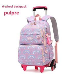 Premium 6-Wheel Trolley Backpack for Girls Waterproof Large Capacity School Bag Removable Trolley Travel Bag Students