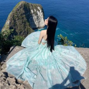 Halter Dress for Women Waist Retraction A-line Neck Ethereal Flared Vintage Off Shoulder Beach Skirt