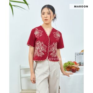 6095 Resmie V-Neck Button Katun Crop Blouse CNY