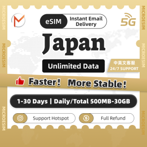 Japan eSIM 1-30Days | Daily 500MB-3GB&Total 3GB-30GB | Unlimited Data | Instant 24h Email Delivery