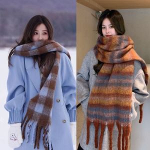 NOWNICE Soft Winter Cashmere Scarf Stripe Pattern Warm Long Tassel Scarves Retro Mohair Thickened Shawl Wrap Women