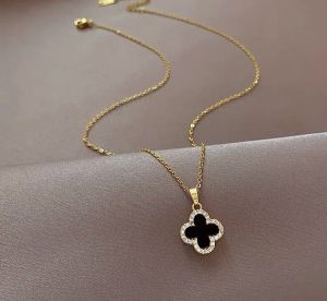 GL 18K Gold Titanium Steel Black and white double sided zircon clover Love Necklacee N8310