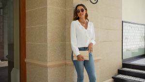 Blooming Jelly  Womens Formal Casual Shirt Business Long Sleeve Top with Pleats  V  Collared Work Shirt Autumn Clothing  2025