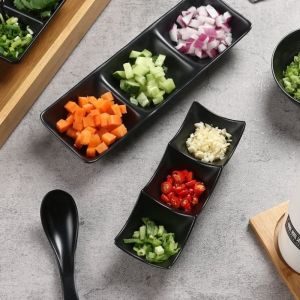 NCNC(OKDEALS01) Japanese Style Melamine Sauce Dishes Black Multi-grid Sushi Soy Dipping Sauce Bowl Dried Fruit Dessert Dish Soy Sauce Dish Hot Pot Dipping Dish For Storage Plate