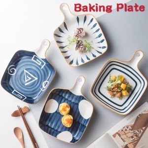[LOCAL SELLER] Japanese Style Hand - painted Ceramic Square Baking pan with Handle Baking plate Breakfast Tray Kitchen Bakeware Baking Tools