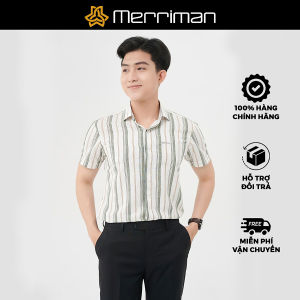 MERRIMAN SALE - Áo Sơ Mi MERRIMAN Tay Ngắn Màu Trắng - Xanh Lá Họa Tiết Sọc Dọc Form Slim Lai Bầu