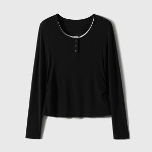 2025 Autumn New Color-Block Button Round Neck Long Sleeve Short Style Fake Two-Piece Stretch T-Shirt for Women Korean Style Casual Elegant Blouse