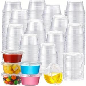 2oz Clear Disposable Plastic Portion Cups with Lids - Small Plastic Condiment Containers for Sauce Salad Dressings