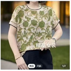 Womens Three-dimensional Flower Flower Style Top Thin Temperament Sleeved Printed Round Blouse