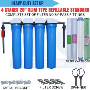 4 Stage 20" Slim Type Refillable Deepwell Water Filtration System Blue Housing Whole House with UPVC Fittings