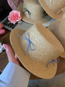 Handwoven Straw Hat for Women Sun Straw Hat with Bowknot Elegant Bonnet Hat Lady Foldable Flat Top Hat for TeaParty