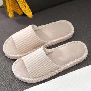 Japanese style women‘s stripe linen soft bottom home wooden floor anti slip silent slippers