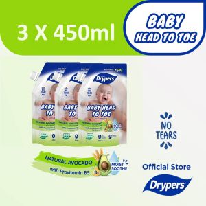 Drypers Baby Head to Toe Baby Bath - Avocado Refill 450ml (3 Packs)