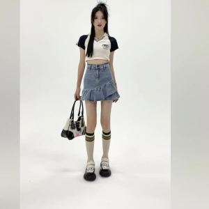 Ammin Váy chống trượt bất thường cạp cao cổ chữ A cạp cao có nút mùa hè váy denim xếp nếp thời trang phong cách Hàn Quốc 2024 cho nữ