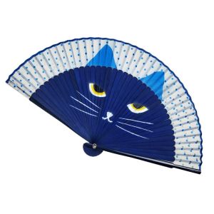 LIFE SHOPS Exiquisite 1 pcs Summer Gift Bamboo Wooden Handmade Cat Patterns Folding Fan Silk Fan Home Decoration Fan Crafts