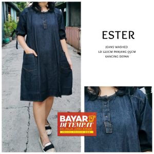 Lavio Dress Wanita Korea Jeans Polos Jumbo XXL TERMURAH - Midi Dress Pesta Lengan Pendek - Sabrina Dress Denim Busui Cantik
