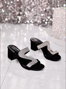 WomenS Sandals Hollow Out Rhinestone High Heels Plus Size Chunky Heel Open Toe Slip-On Versatile WomenS Sandals