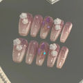 Ungu berkilauan mawar putih gradien bunga tiga dimensi menghancurkan manikur peri berlian fake nail kuku palsu + lem nail art. 