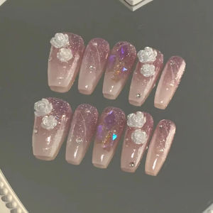 Ungu berkilauan mawar putih gradien bunga tiga dimensi menghancurkan manikur peri berlian fake nail kuku palsu + lem nail art