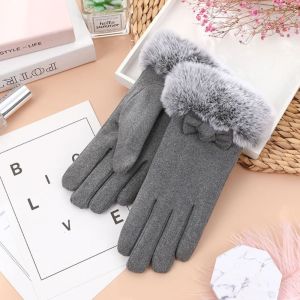 RITAL Keep Warm Bow Plush Gloves Solid Color Touch Screen Winter Velvet Gloves Cute Windproof Women Mittens Ladies