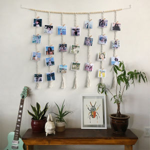 Macrame Hanging Photo Display Wall Decor Boho Wooden Beads Garland Picture Frame Holder with 30 Clips Bedroom Living Room Gifts2026