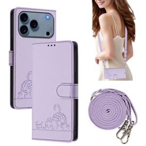 Cute Cat Embossed PU Leather Flip Wallet Case For iPhone 18 Pro Max 17 air 16 plus 15 14 Card Holder Kickstand Shockproof Phone Cover With Removable Crossbody Lanyard