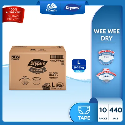 [NEW & UPGRADED] Drypers Wee Wee Dry Baby Tape Diapers M52/ L44/ XL36/ XXL32s (10 Packs) - Super Dry Soft & Fit