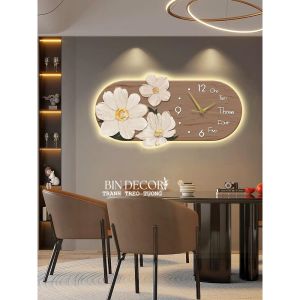 (ẢNH CHỤP) Tranh đồng hồ đèn led hoa cúc trắng 1 trang trí decor kèm đinh quà tặng