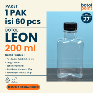 Botol Leon 200 ml - 1 PAK Isi 60 Pcs - Botol Plastik 200 ml - Long Neck - Botol Kopi Kombucha Teh